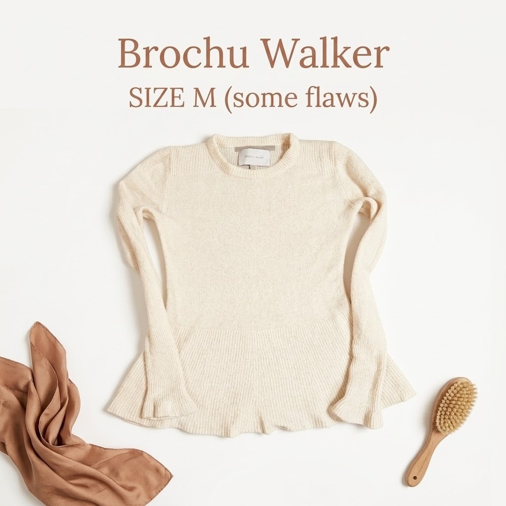 Brochu Walker Wool Cashmere Silk Peplum Sweater M Cream Quiet Luxury